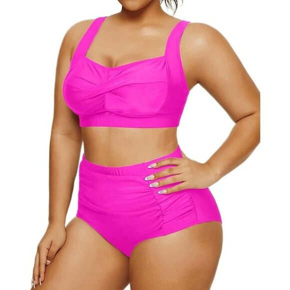 NWT DACI Twisted Front High Waisted Swimwear Plus Size -Neon Pink - Size 22W - Picture 9 of 12